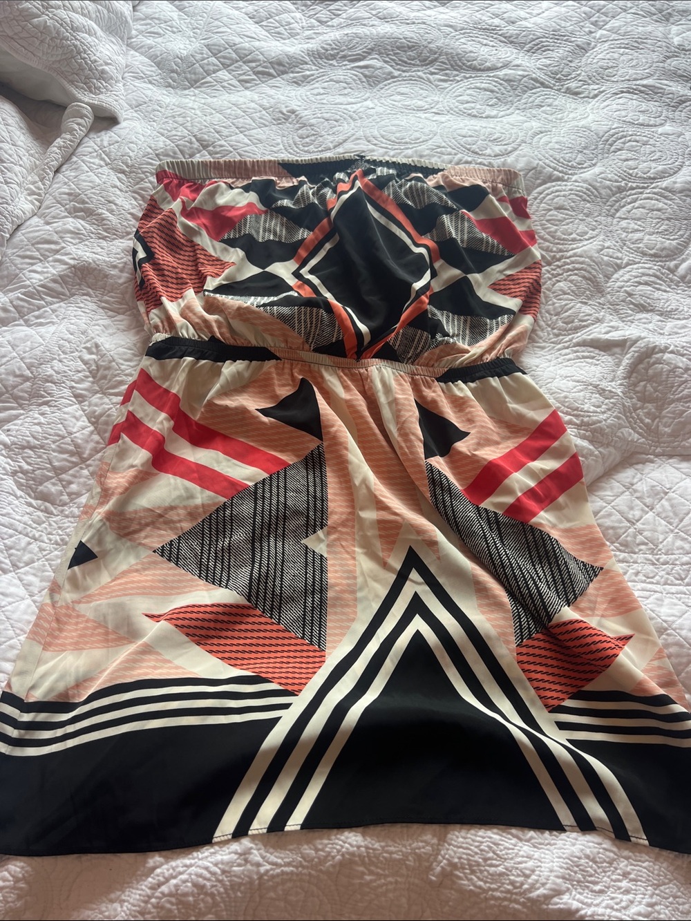 Express Strapless Geometric Print Dress in Black, Pink & Cream